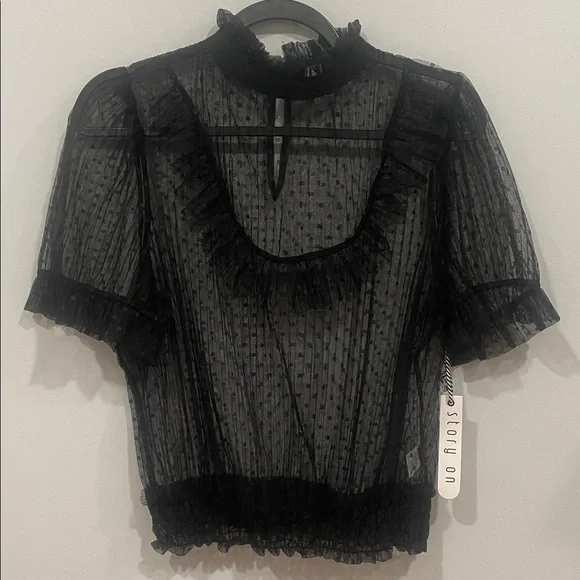 Black Sheer Polka-Dot Ruffle Top - Picture 1 of 1